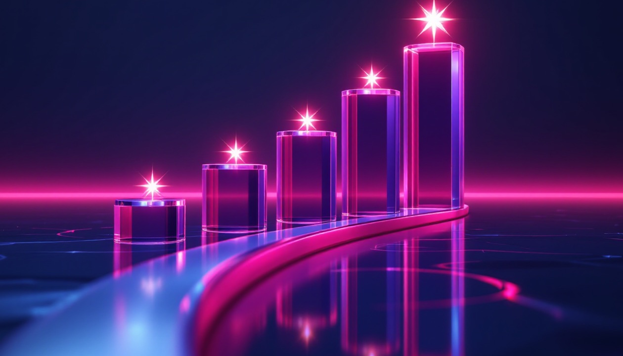 A rising glass path with five glowing milestone pillars — the six phases of a rebrand