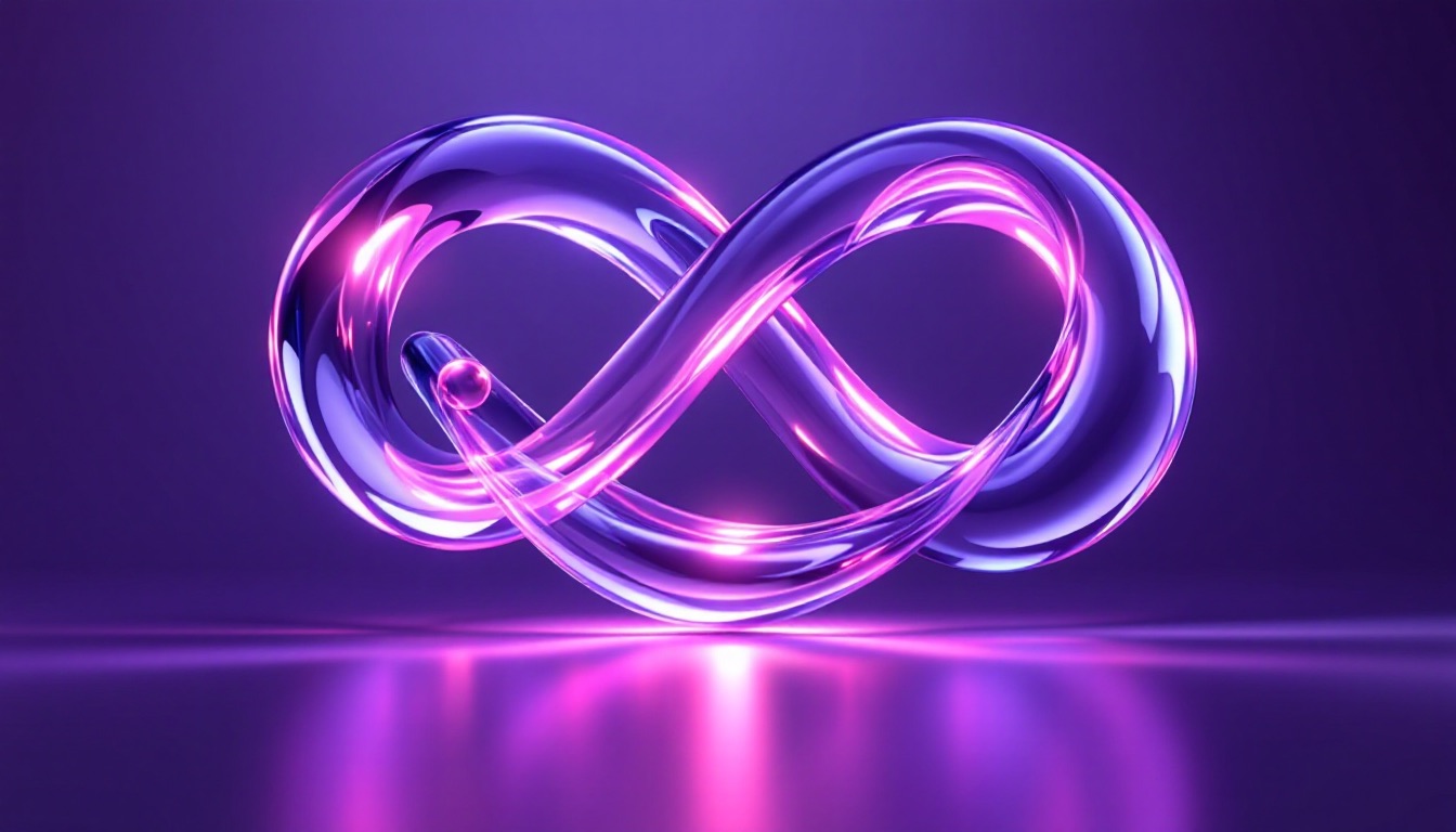 Glass infinity loop with three glowing nodes representing the build, measure, learn cycle for a startup brand